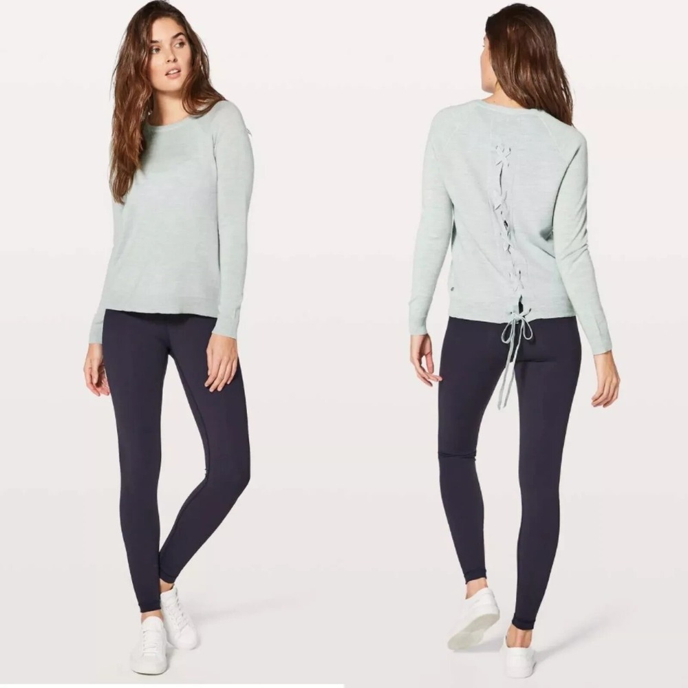 EUC Women Lululemon Gray Merino Wool Tied To You Sweater SIZE 6 Lace Up Back